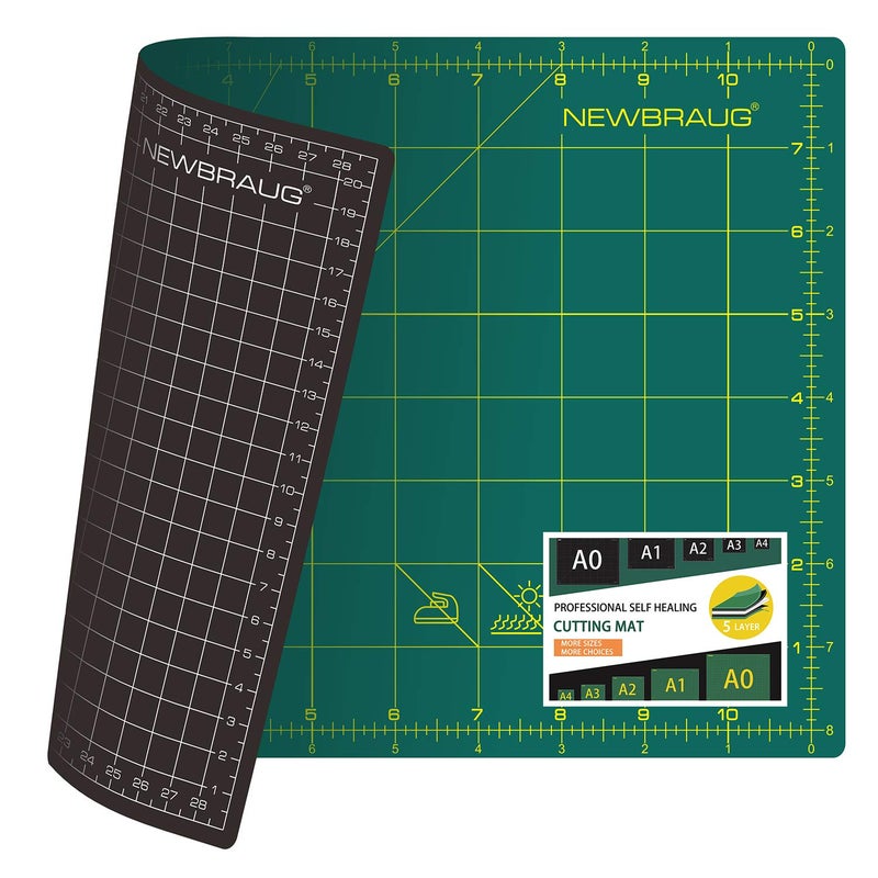 NEWBRAUG 9'' Ã— 12'' Professional Self Healing Cutting Double Sided 5-Ply Mat, Best Gridded Rotary Cutting Board for Quilting, Sewing, Craft, Fabric & Scrapbooking (Green/Black)â€¦ - Image 1